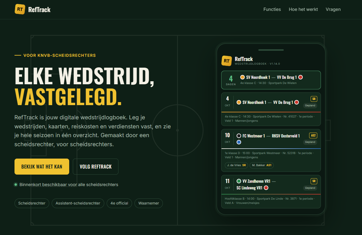 The RefTrack homepage with a phone showing upcoming matches
