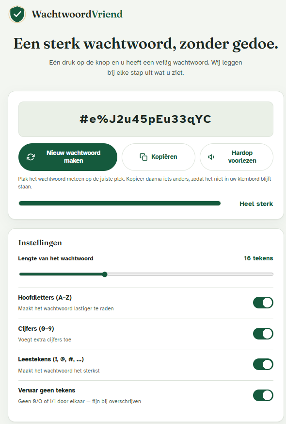 WachtwoordVriend showing a generated password, buttons to copy it or read it aloud, and a strength meter